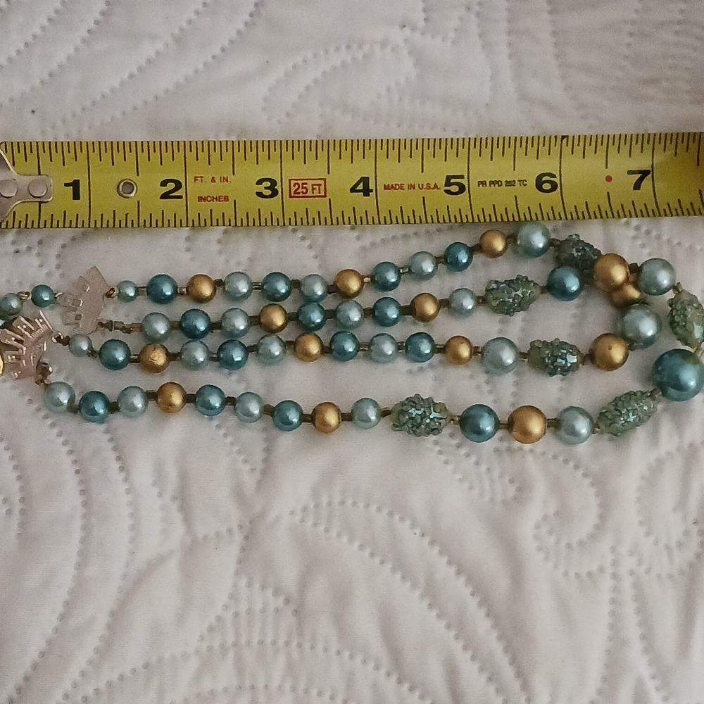 Vintage Japan 50s Teal and Gold Beaded Women's Necklace - Picture 7 of 10